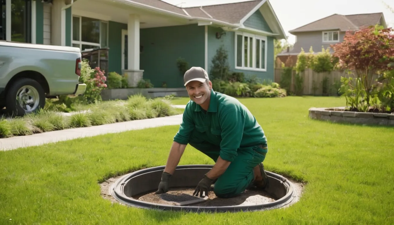 Independent septic provider inspecting a residential septic tank lid in a yard near Chicago