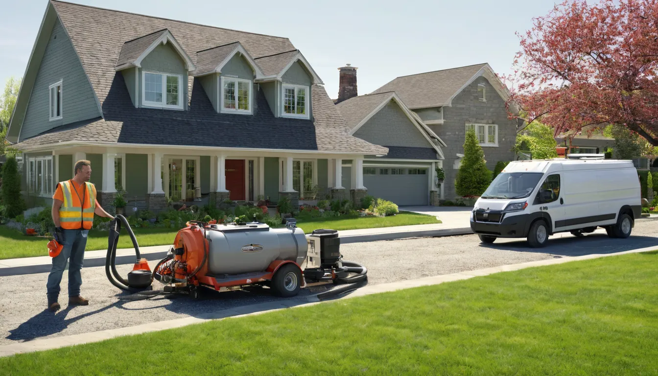Septic pumping truck parked beside a frame house in the Chicago area while a provider checks an open tank lid